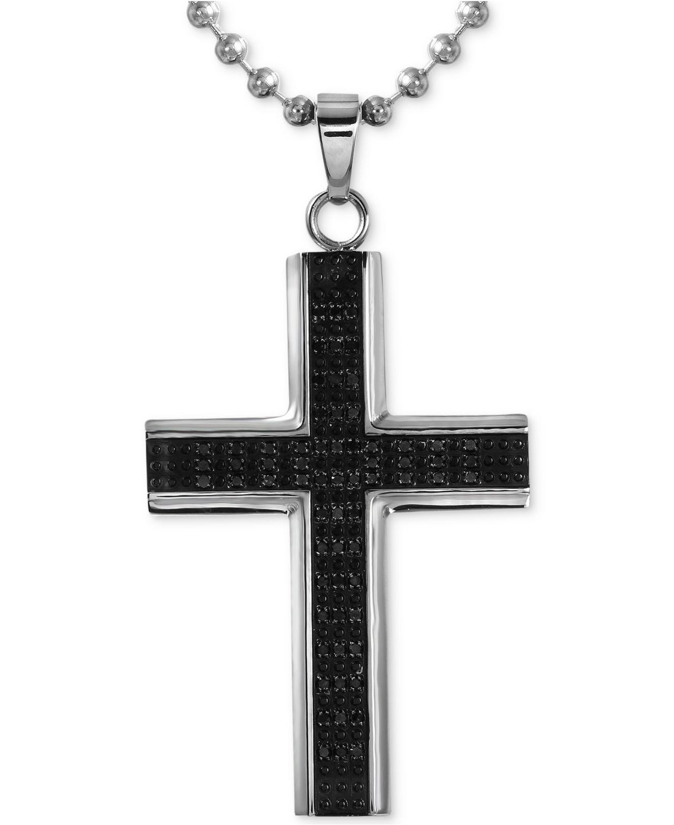macys designer Black Diamond Cross Pendant Necklace 12 Ct Tw In Stainless Steel With Rhodium Plating