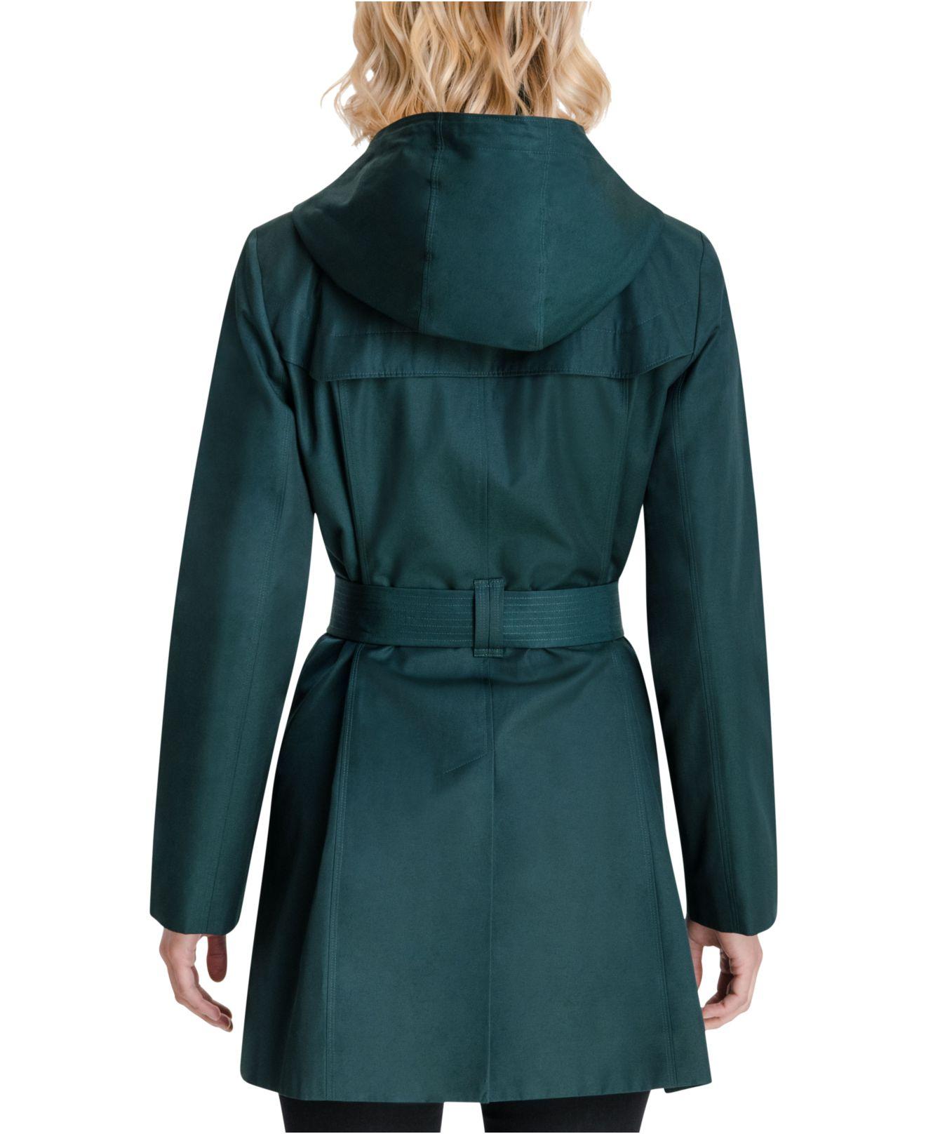 London Fog Cotton Petite Hooded Belted Raincoat in Green - Lyst