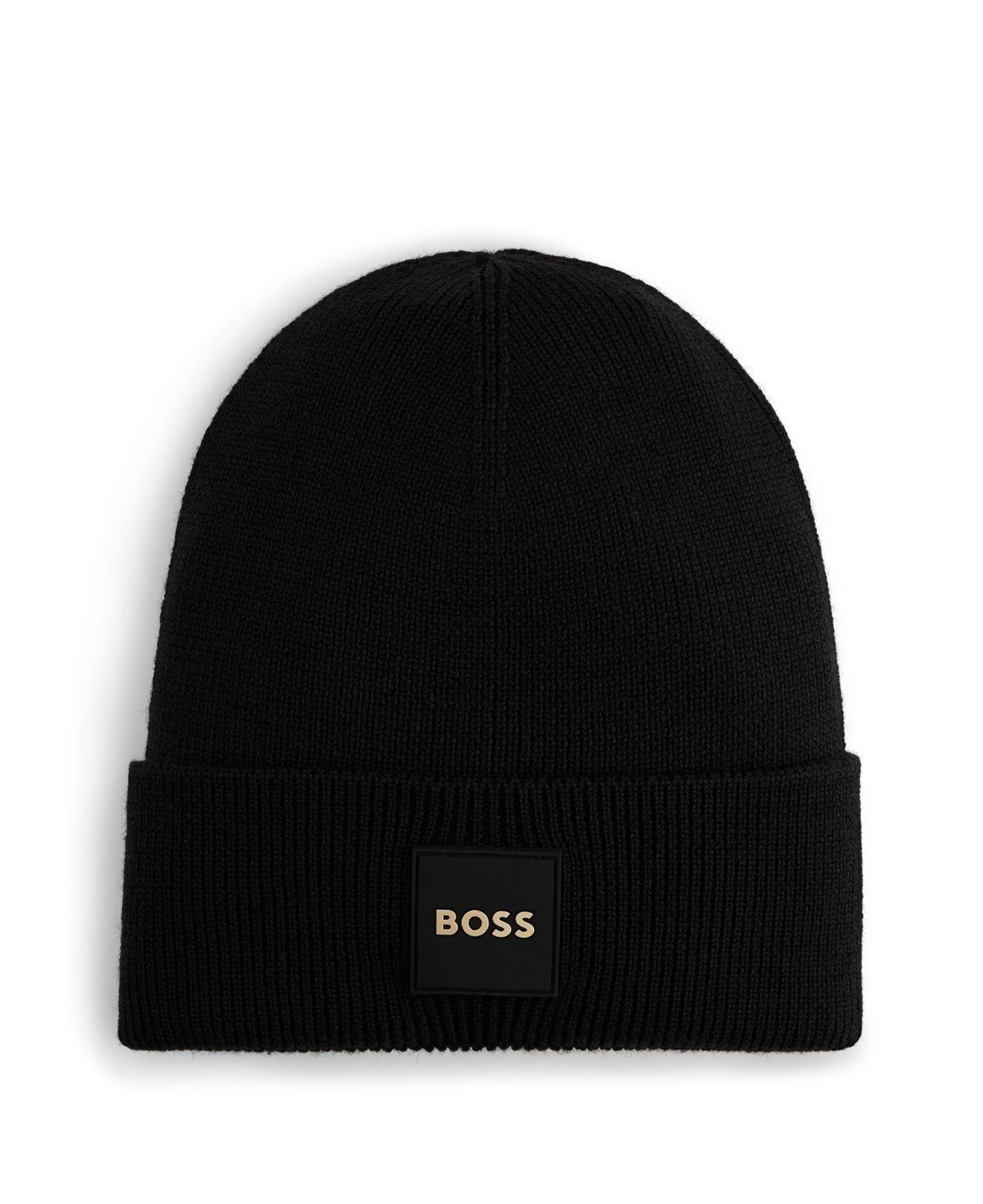 BOSS by HUGO BOSS Ribbed Structure And Logo Badge Beanie Hat in Black