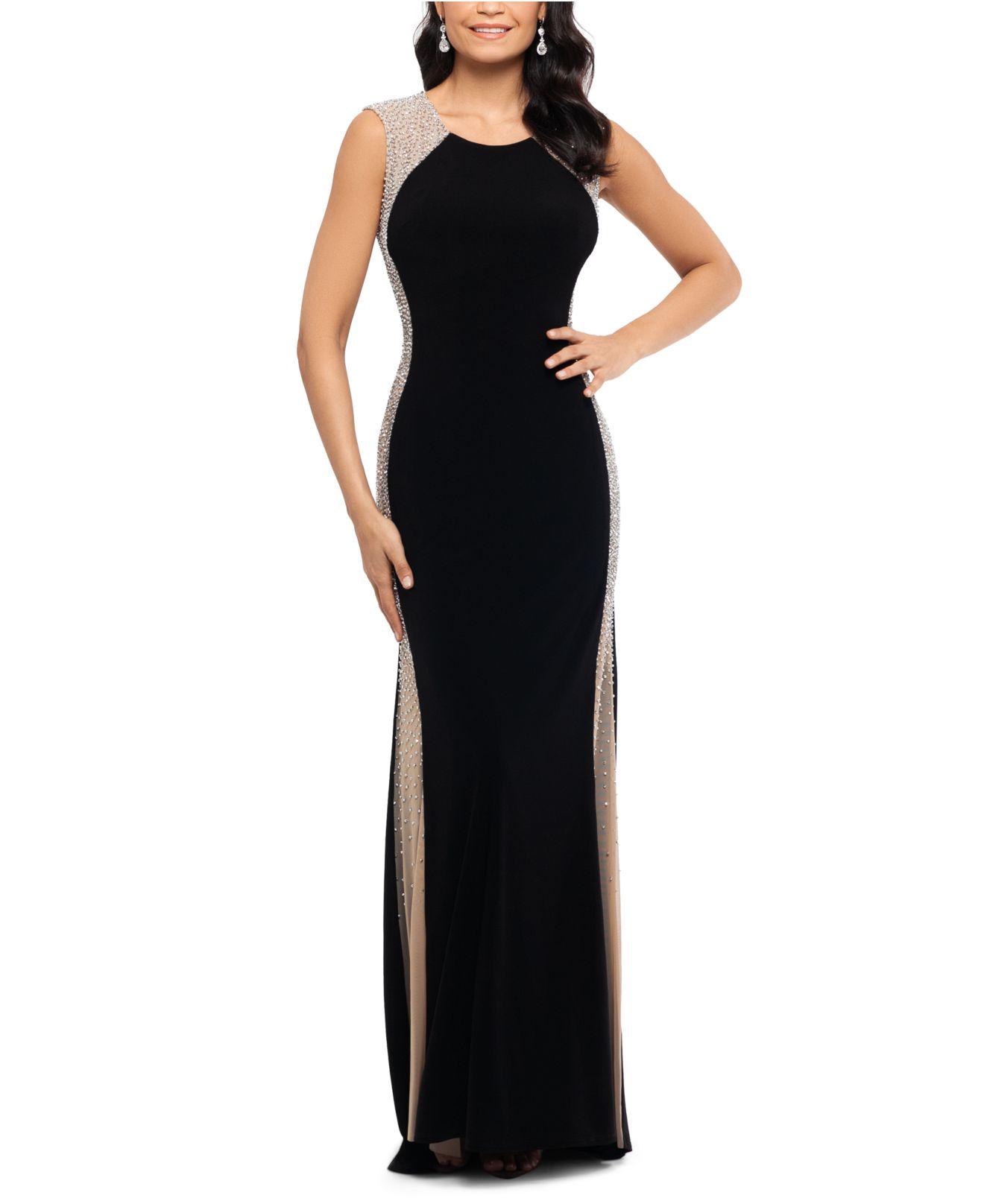 xscape beaded illusion mesh & jersey gown