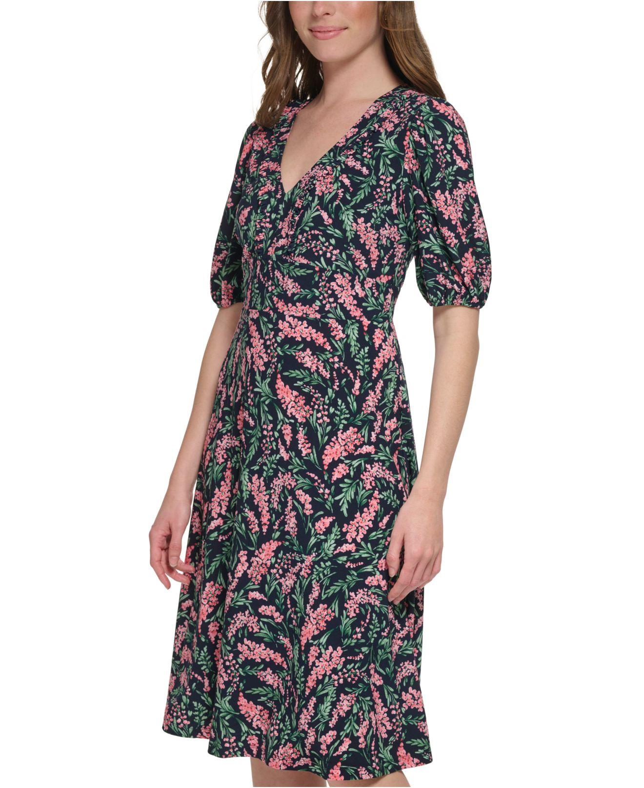 Tommy Floral-print Ruffle-trim Elbow-sleeve Dress | Lyst