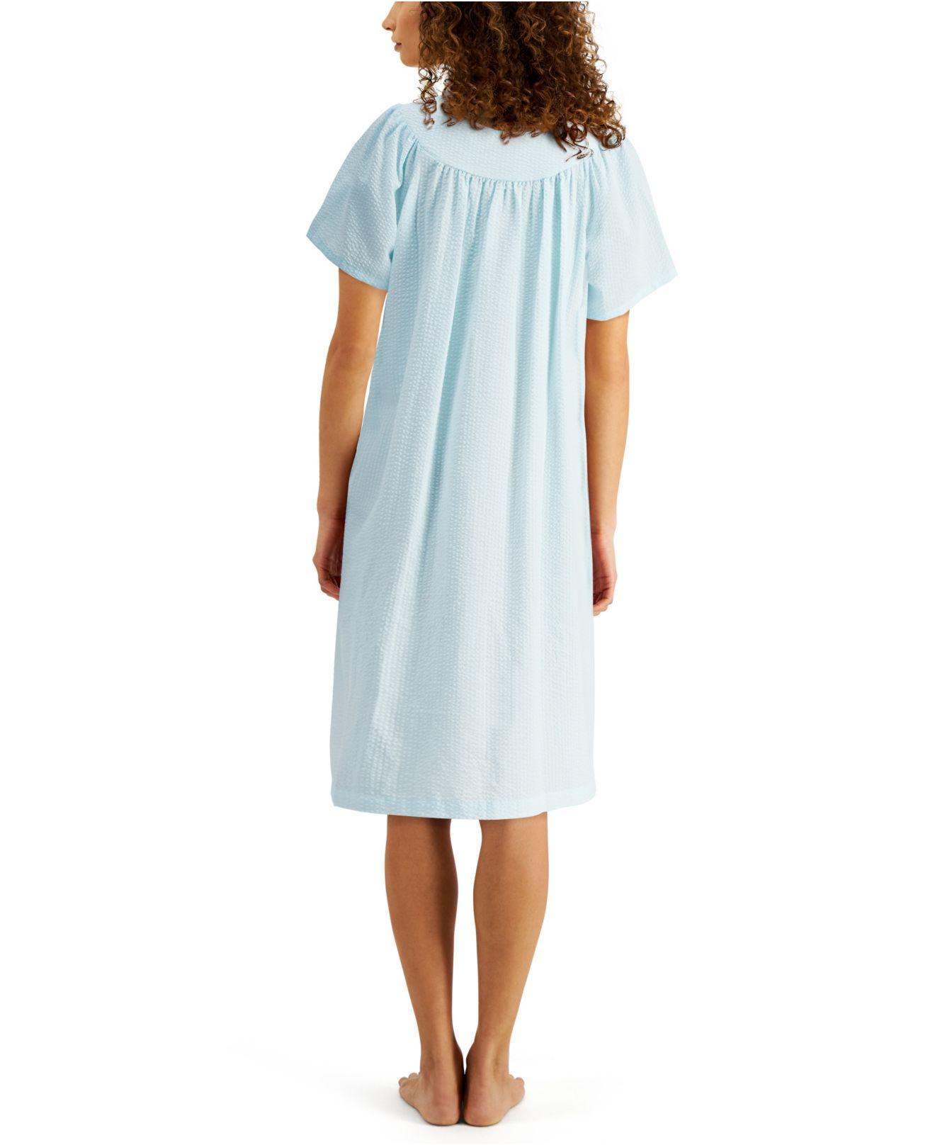 Miss Elaine Cotton Smocked Seersucker Snap Front Robe in Turquoise