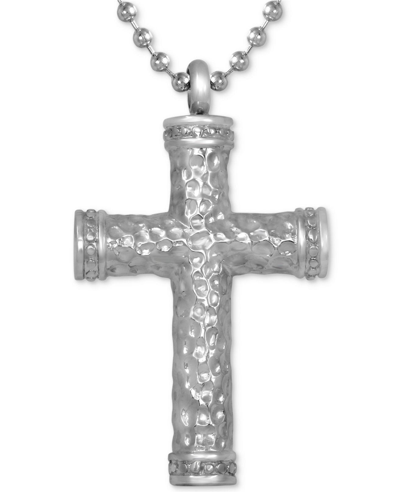 Macy's Men's Diamond Hammered Cross Pendant Necklace (1/10 Ct. T.w.) In