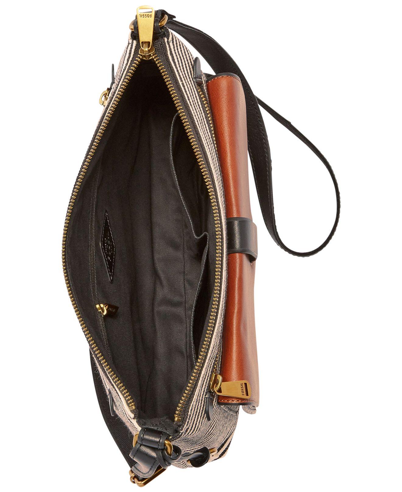 Fossil Leather Kinley Striped Crossbody Bag in Black Stripe/Gold (Black