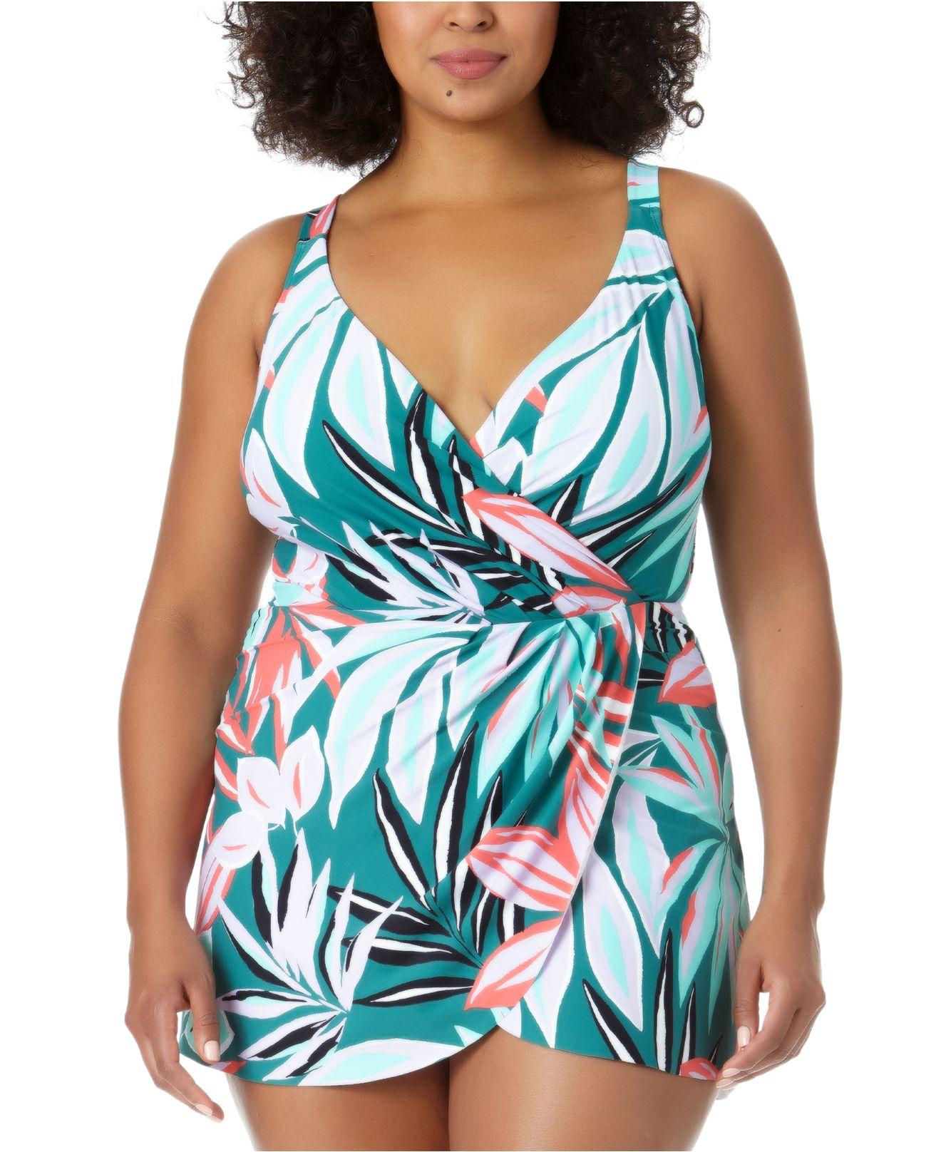 Anne Cole Plus Size Zesty Tropical Floral Print Surplice Neck Swimdress