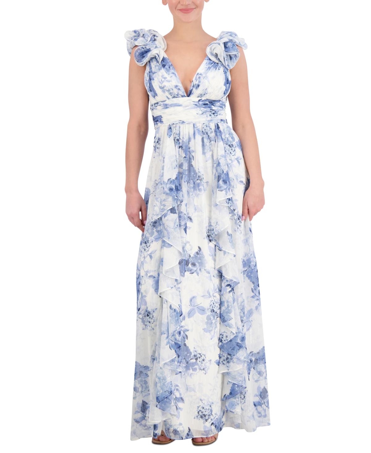 Eliza J Sleeveless Printed Ruffle Gown in Blue Lyst