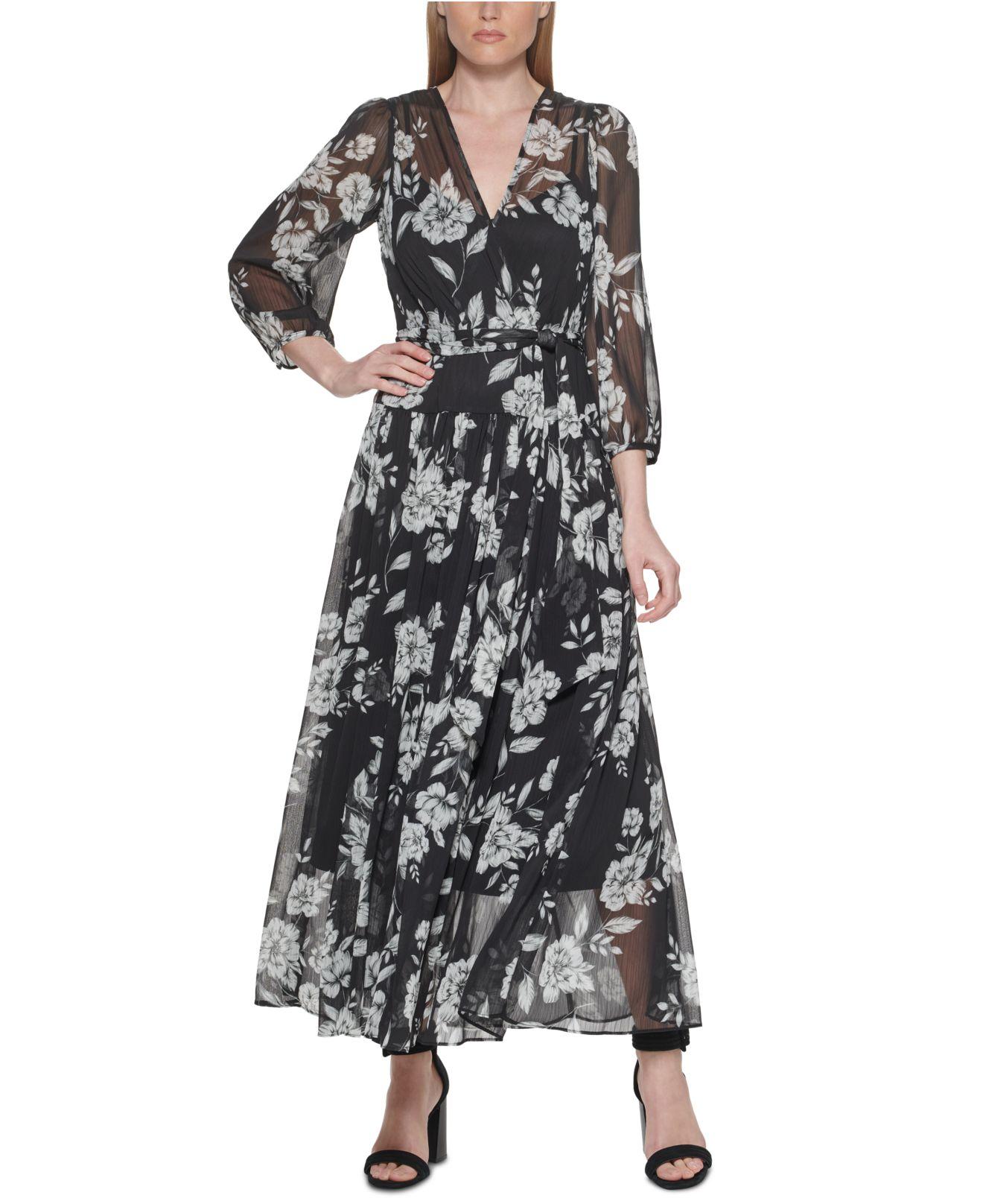 Calvin Klein Printed Faux-wrap Maxi Dress in Black | Lyst