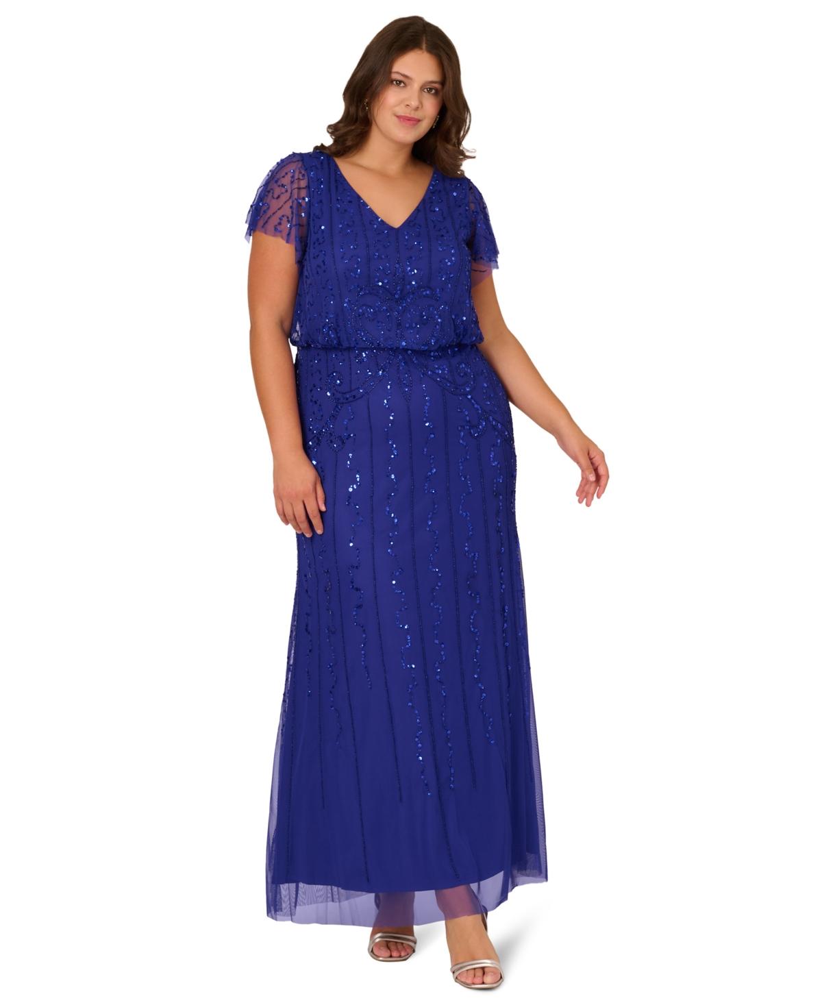 blue dress for baby girl Plus Size Sleeveless Asymmetrical Floral Beaded Jersey Gown In Midnight  Multi-Midnight Multi / Plus Size / 26 main image 1