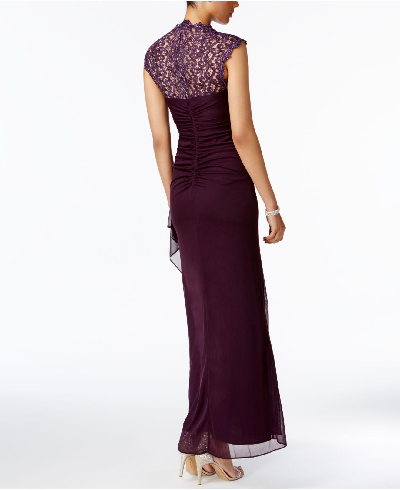 Xscape Lace Stand-collar Illusion Back Gown in Plum Purple (Purple 