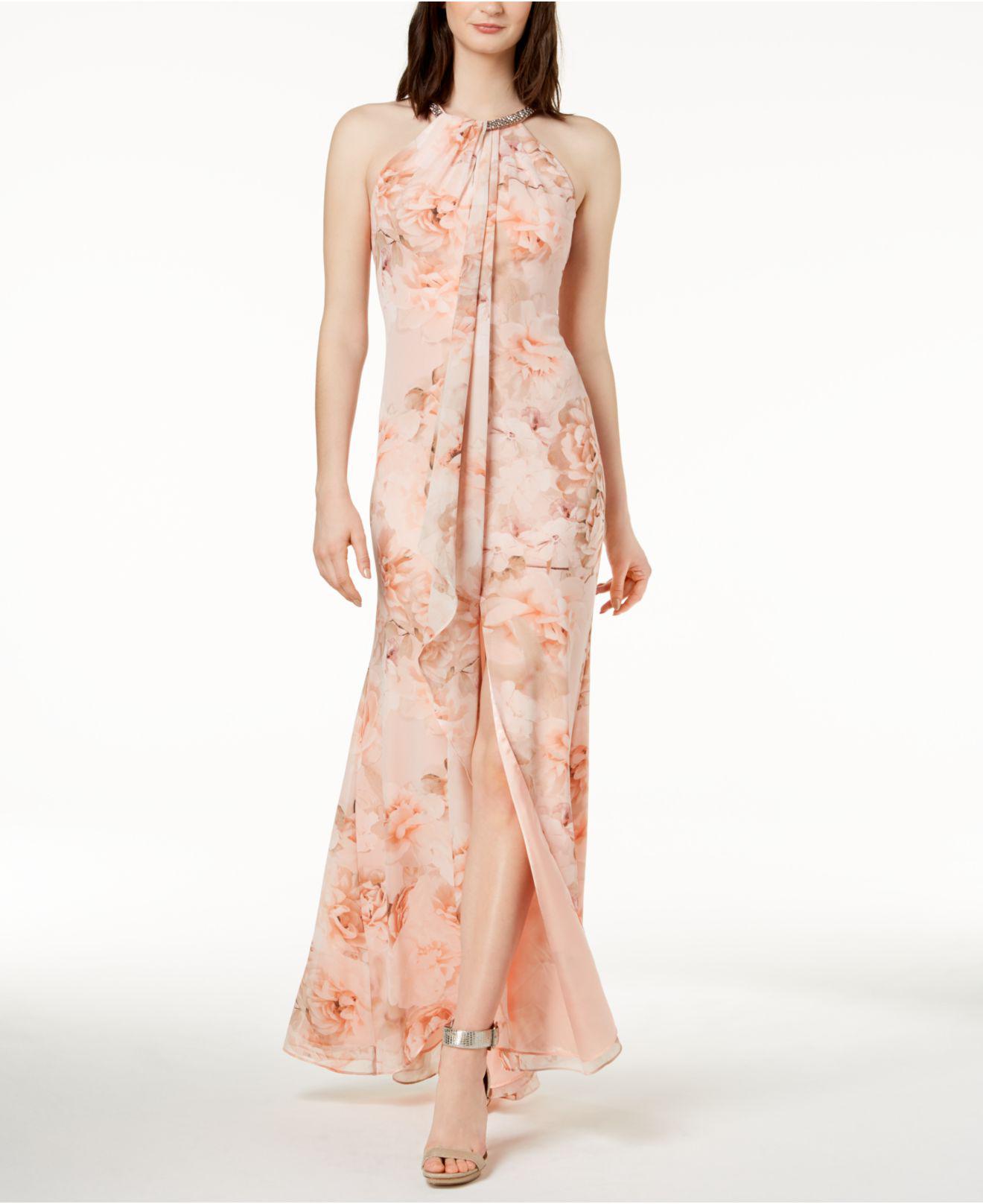 Calvin Klein Floral Draped Chiffon Halter Gown in Pink | Lyst