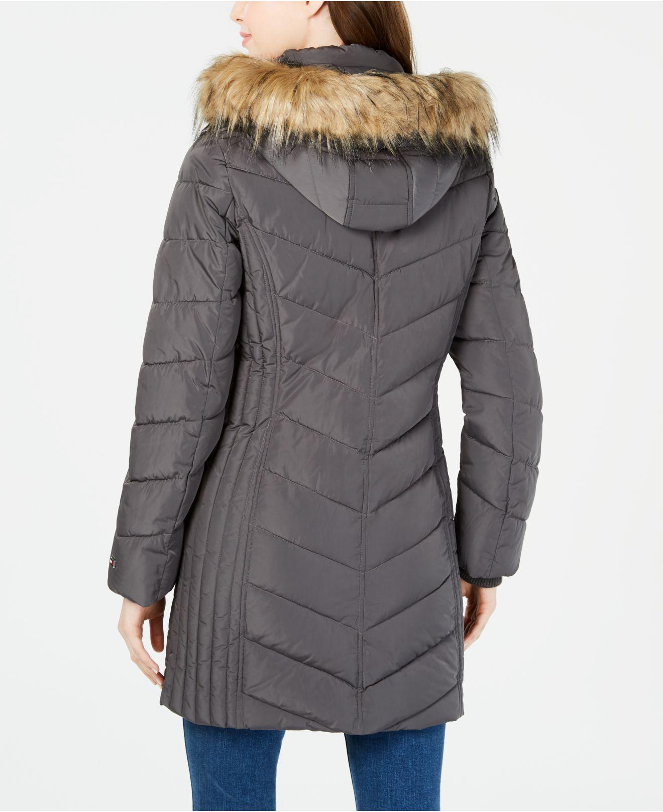 Tommy Hilfiger Chevron Faux-fur Trim Hooded Puffer Coat, Created For Macy's  in Gray | Lyst