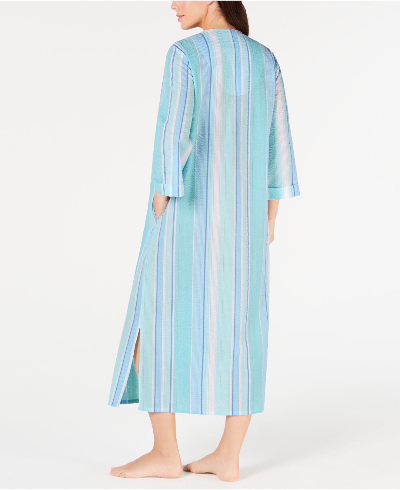 Miss Elaine Printed Seersucker Long Zipup Robe in Blue Lyst