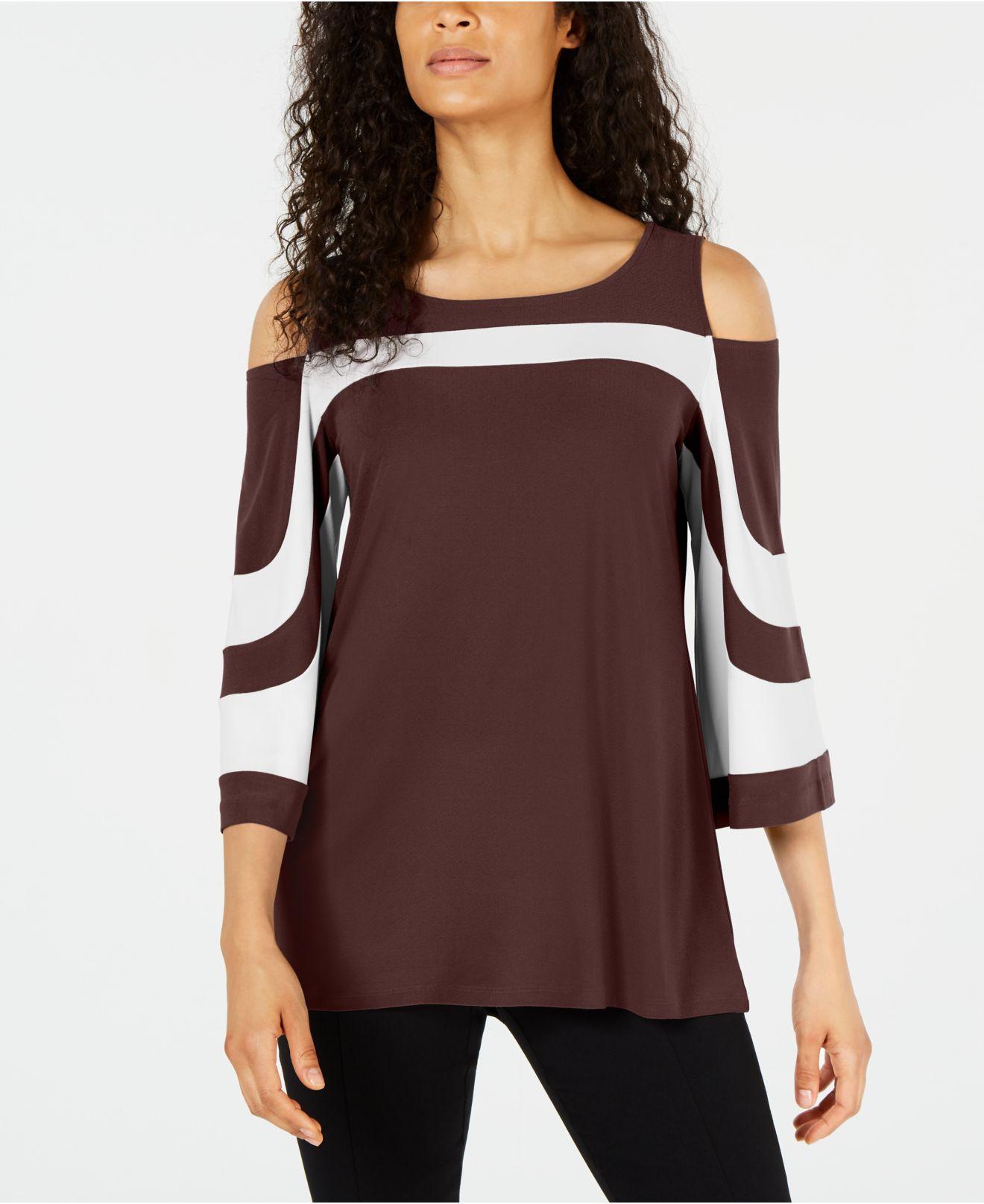 Alfani Synthetic Petite Colorblocked Coldshoulder Top, Created For
