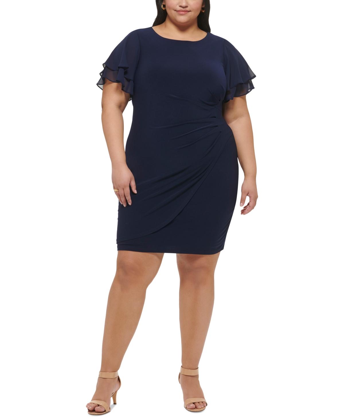 Jessica Howard Plus Size Flutter-sleeve Shirred Dress in Blue Lyst