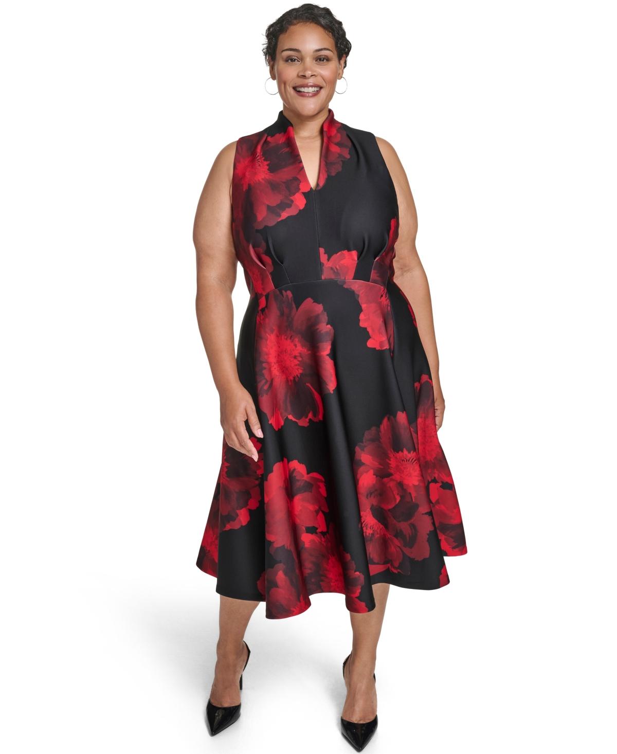 Calvin Klein Printed Fit And Flare Midi Dress in Red | Lyst