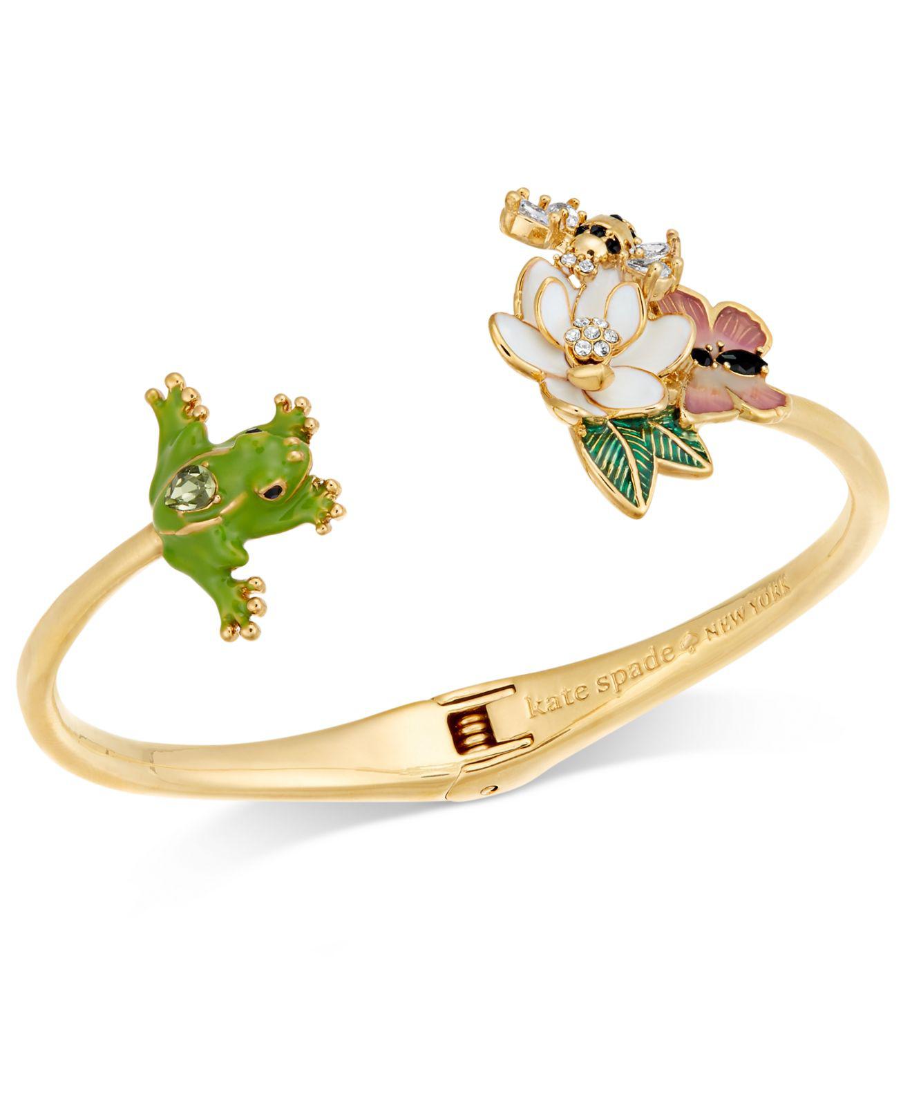 Kate Spade Goldtone Multistone Frog & Flower Hinged Cuff Bracelet in