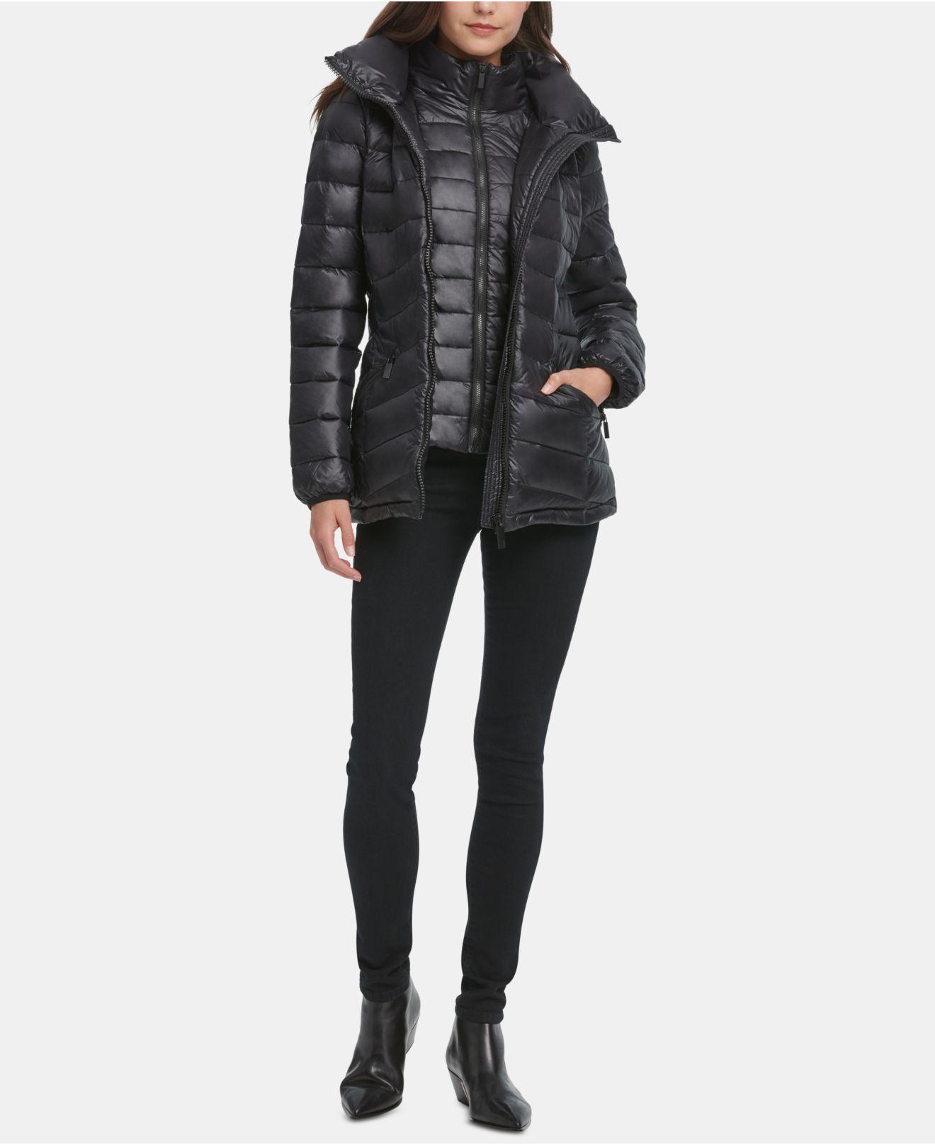 dkny black longline puffer coat