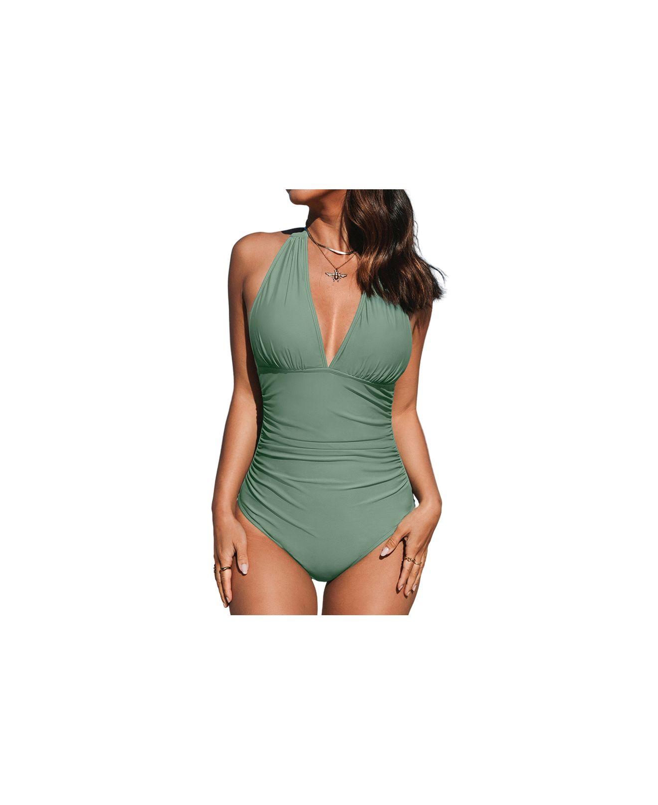 CUPSHE Tummy Control Ruched Boyleg Back Tie Plus Size One Piece Swimsuit in  Green