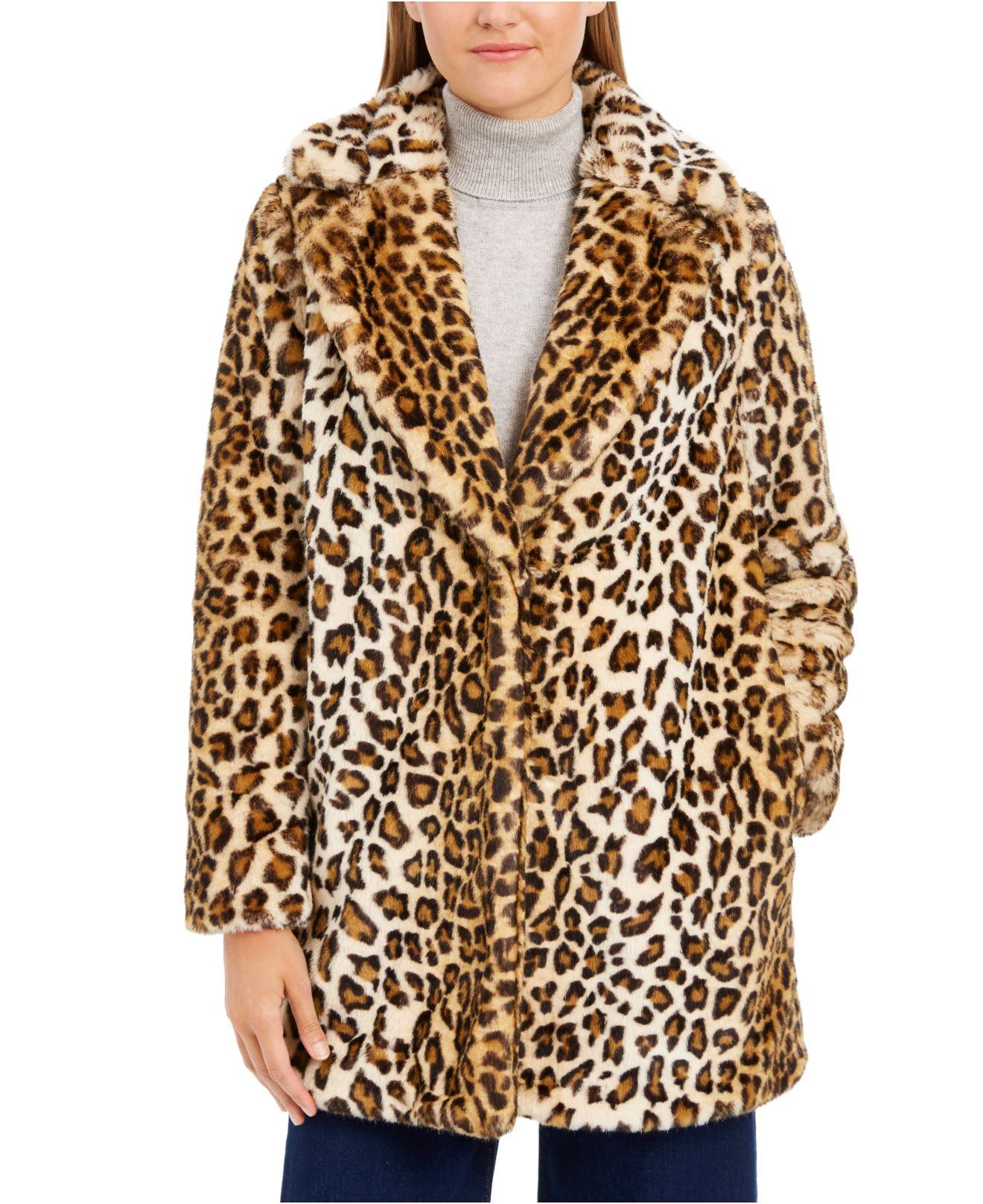Calvin Klein Petite Leopard-print Faux-fur Coat in Brown - Lyst