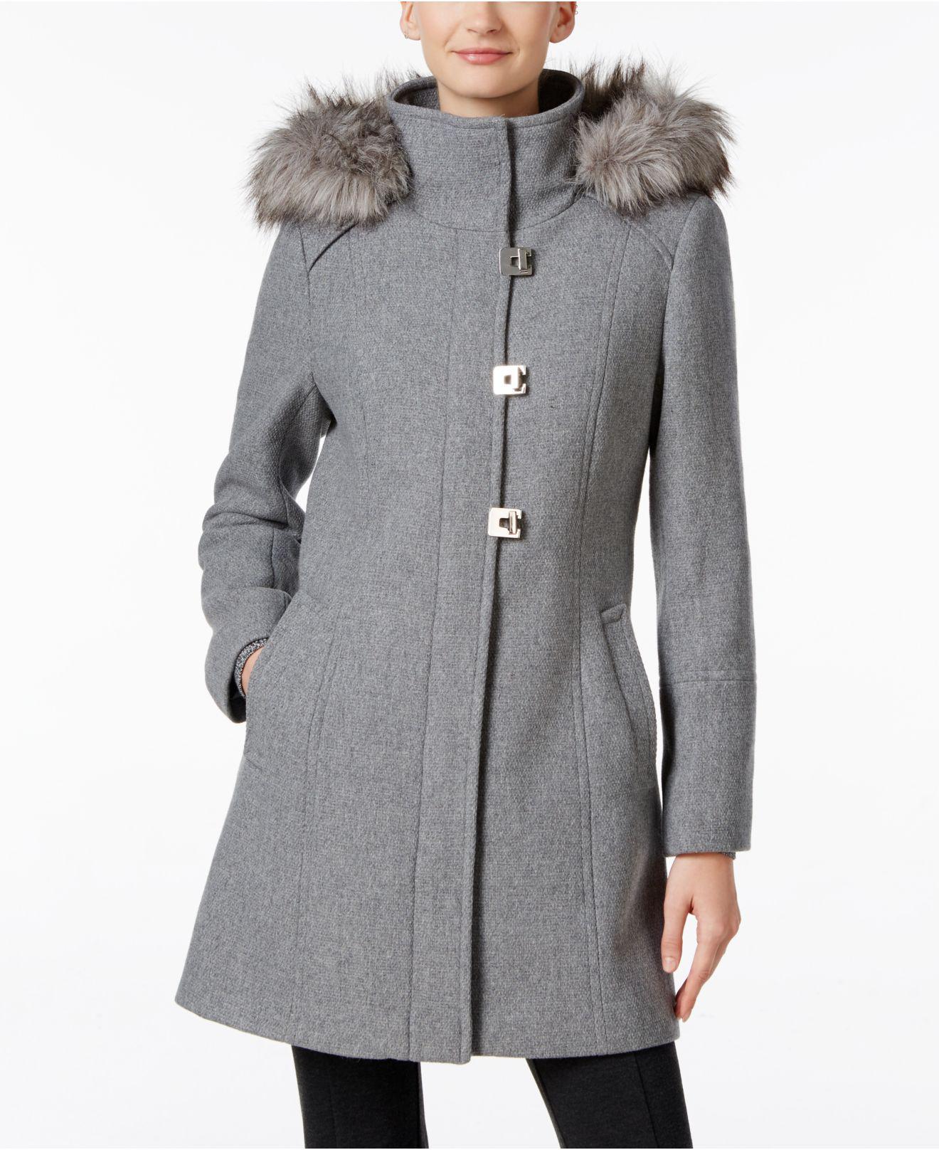 Calvin Klein Faux-fur-trim Wool-blend Walker Coat in Gray - Lyst