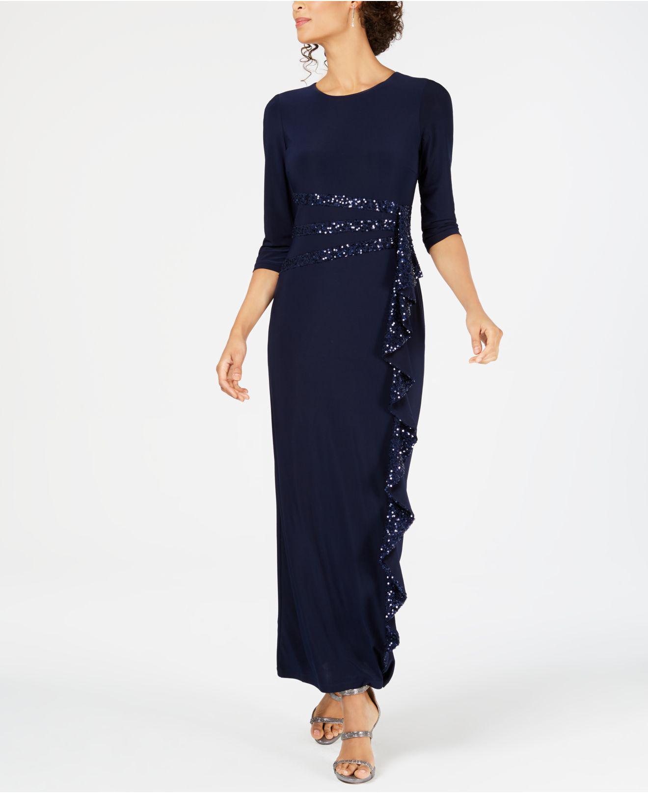 R & M Richards Synthetic Cascading Sequin-embellished Dress in Navy ...