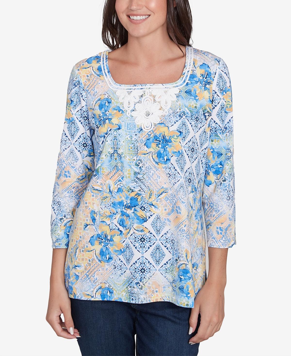 売れ筋商品|||ルビーロード カットソー トップス レディース Petite Floral Embroidered Square Neck Top Medium blue ルビーロード カットソー トップス レディース Petite Floral