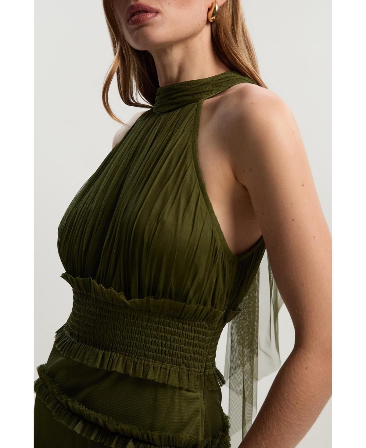 Karen Millen Tulle Layered Halter Neck Maxi Dress in Green | Lyst