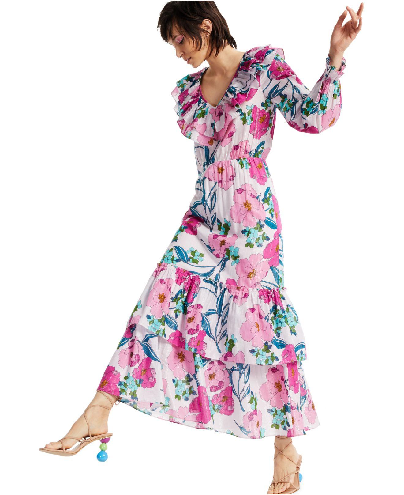 Cotton Printed Shine Ruffle Maxi Dress 
