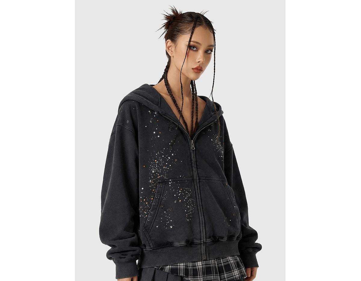 AELFRIC EDEN Rhinestone Boxy Zip Up V302 Hoodie in Black | Lyst