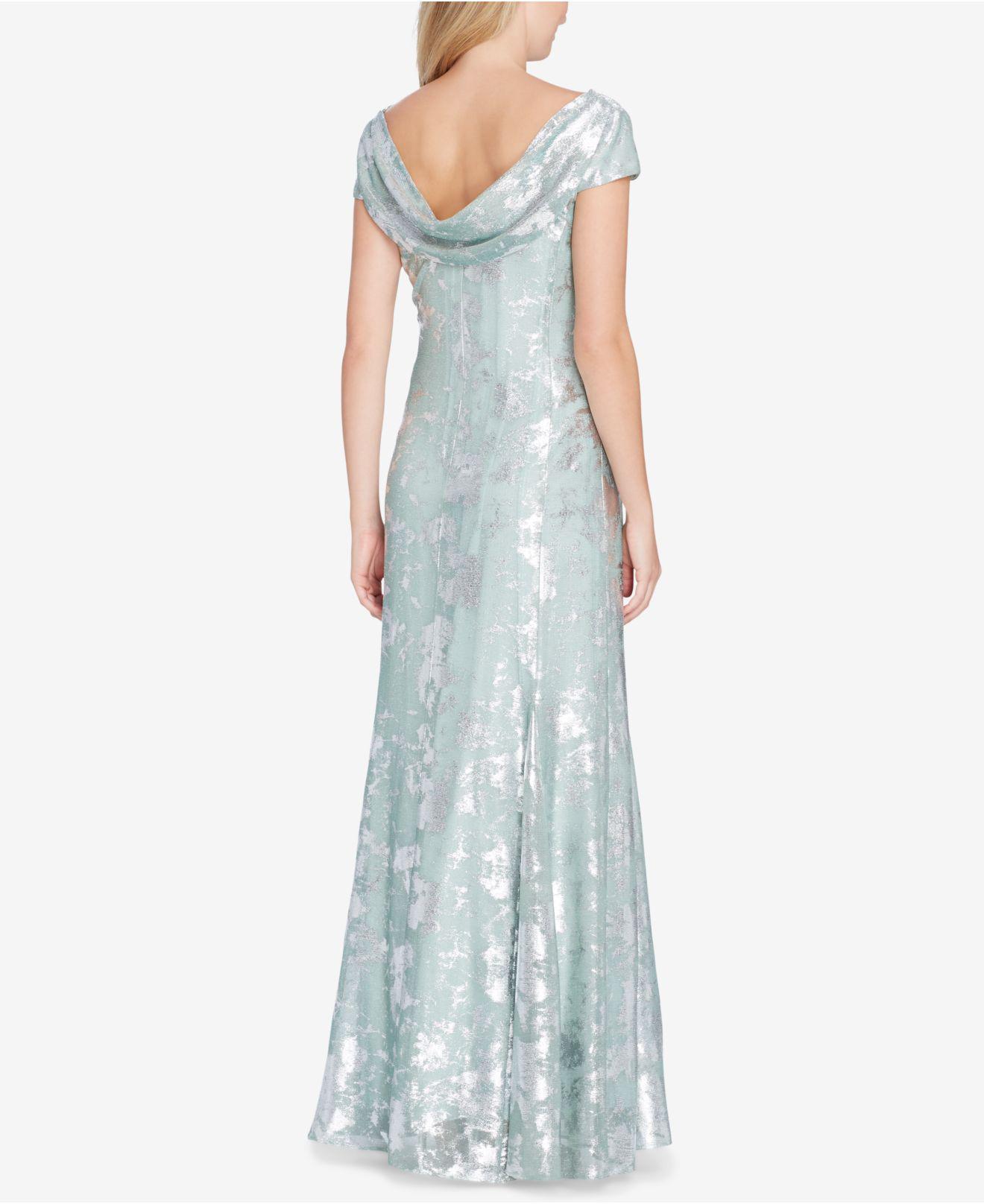 Cowl-neck Metallic Cap-sleeve Gown 