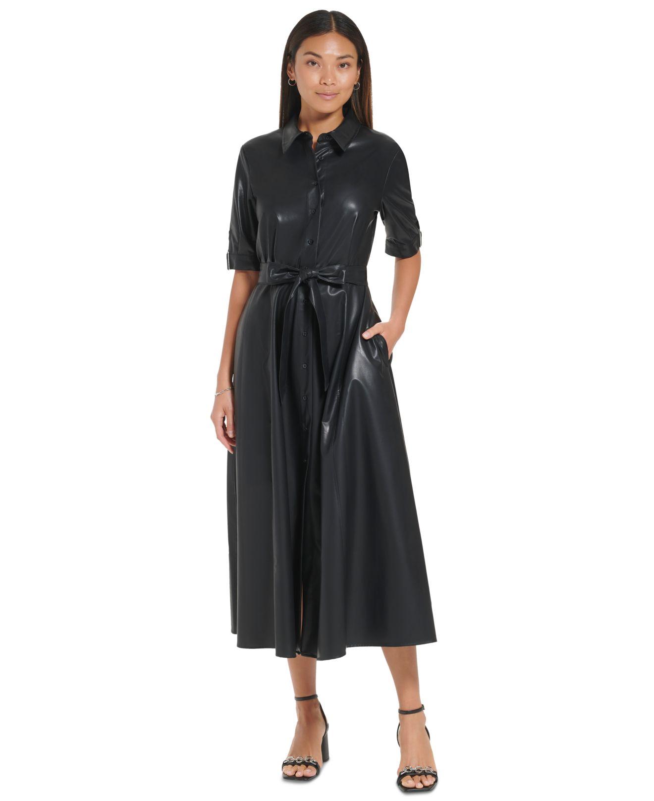 Calvin Klein Faux Leather Button Front Shirtdress in Black | Lyst