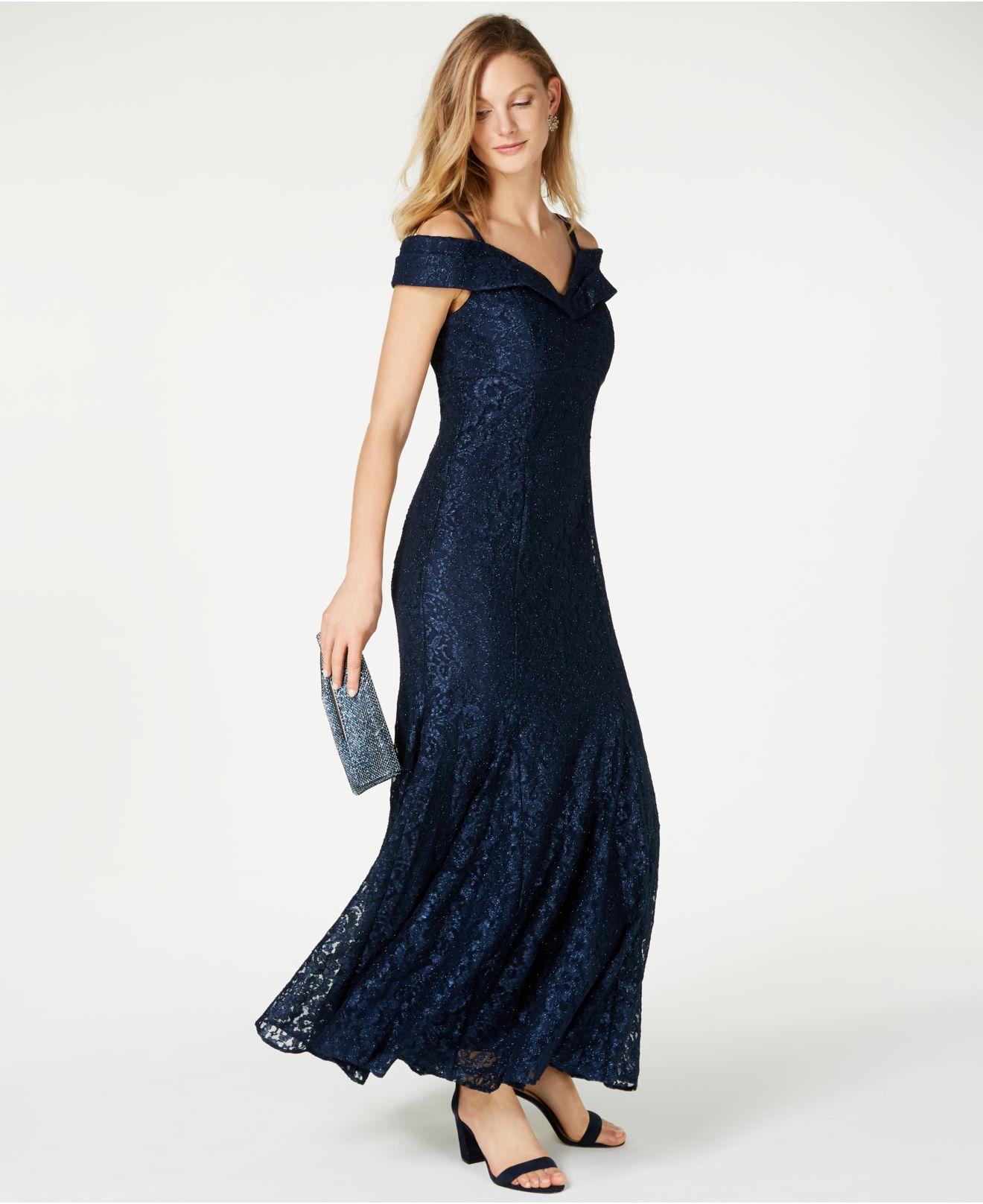 R & M Richards Off-the-shoulder Petite Lace Gown in Navy (Blue) - Lyst