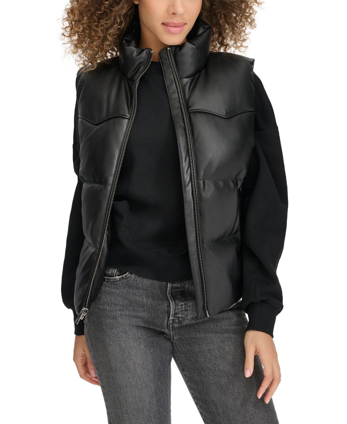Levi's☆Belted Water Resistant Faux Leather Puffer Vest Levi's Women's Vegan Leather Puffer Vest, Black with Belt, X