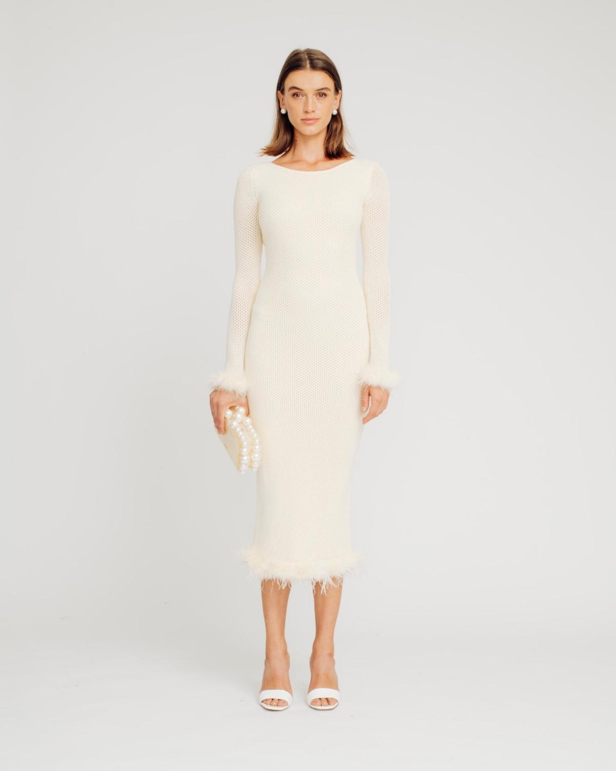 torn by ronny kobo open back knit dress Torn By Ronny Kobo Feather-trim Open-back Knit Serenity Dress in Natural