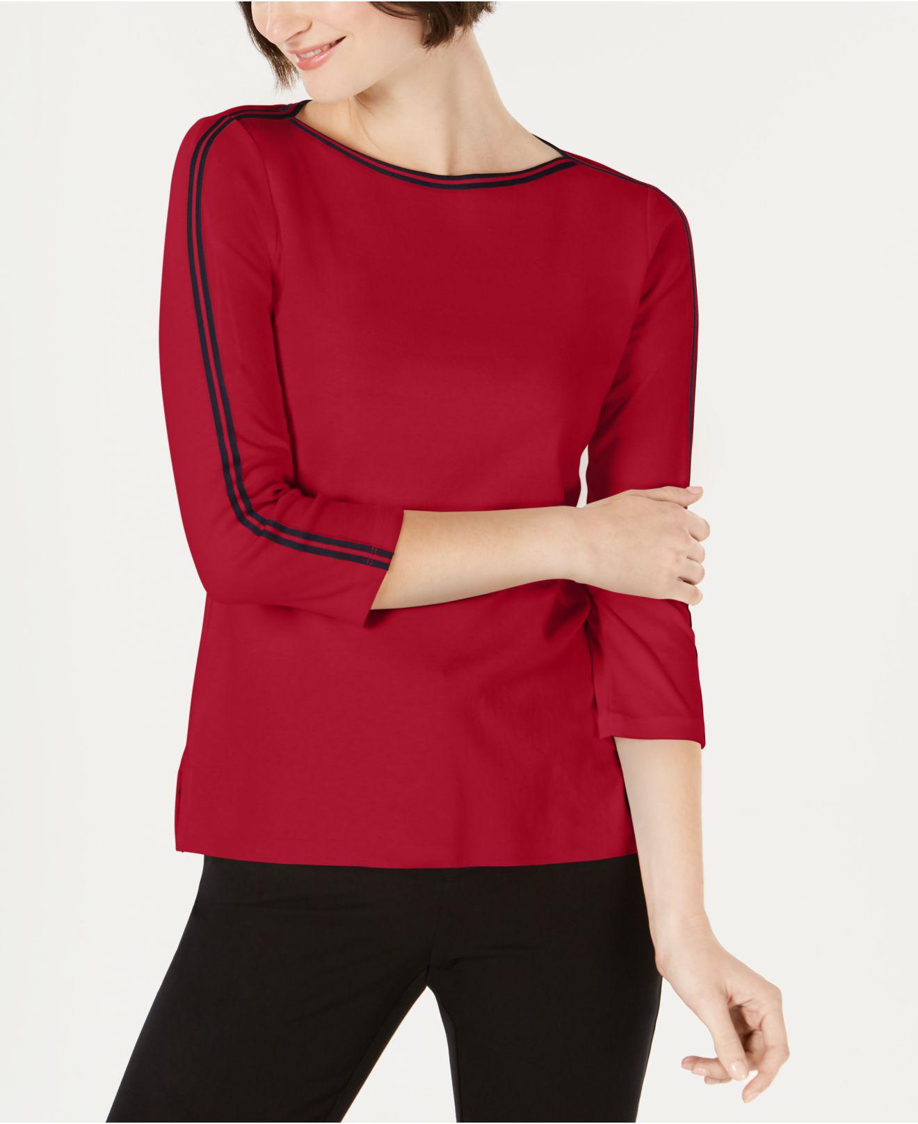 Charter Club Cotton Contraststripe 3/4sleeve Top, Created For Macy's