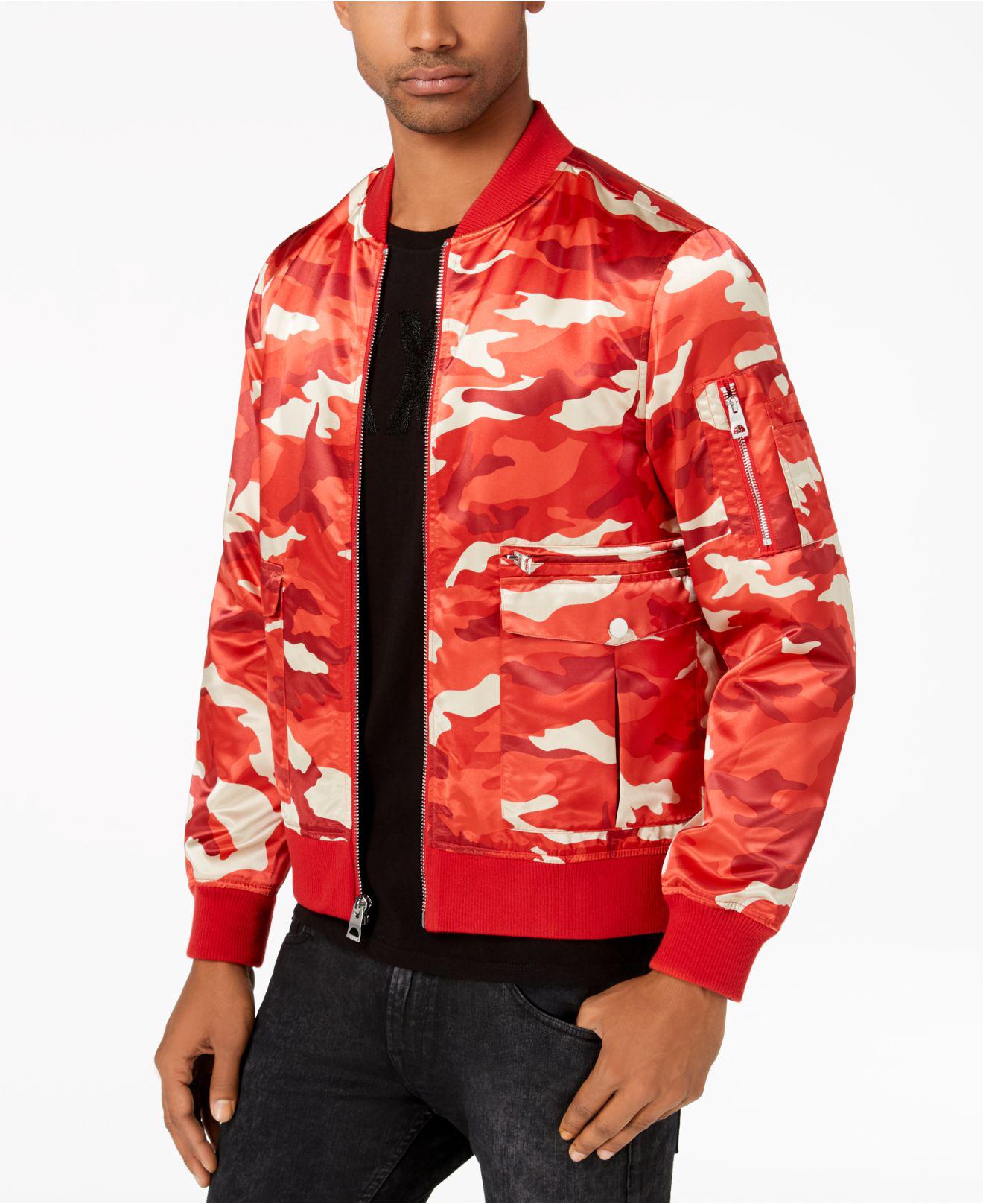 Guess Synthetic Camo Bomber Jacket in Red for Men - Lyst