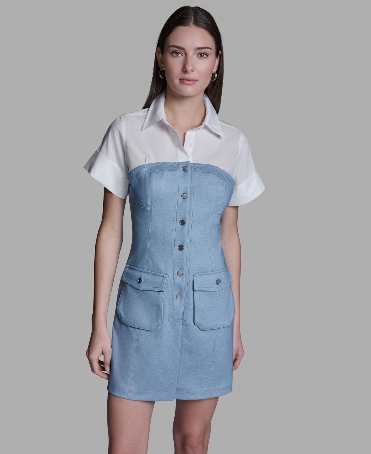 bcbg blue dress short BCBGMAXAZRIA Collared Neck Short-sleeve Mini in Color:Dark Grey Charcoal
