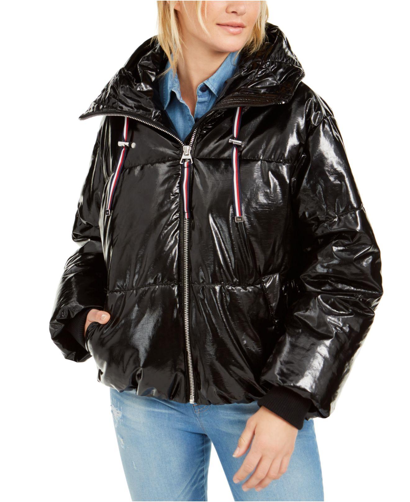 Tommy Hilfiger Shiny Hooded Puffer Coat in Black - Lyst