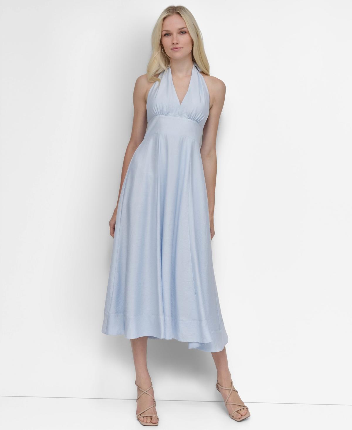 dkny light blue dress DKNY Halter V-neck Tie-back Midi Dress in Blue