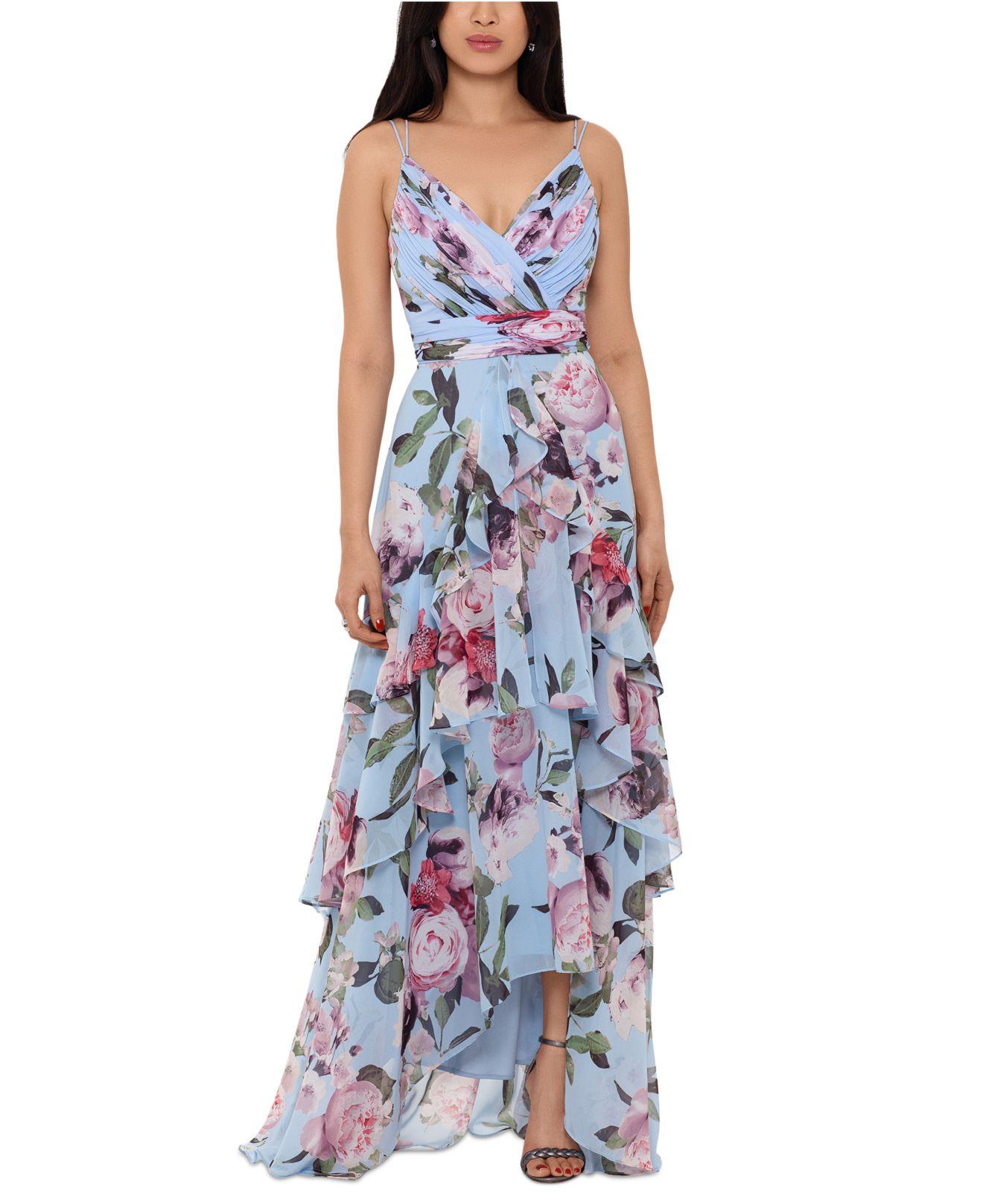 Xscape Petite Floral-print Ruffled High-low Sleeveless Gown in Blue | Lyst