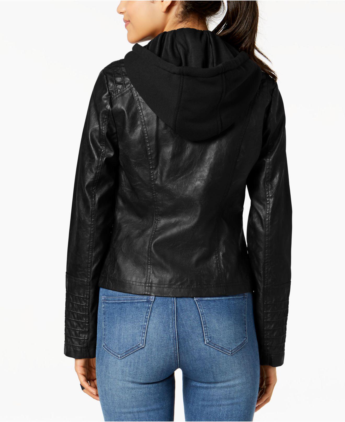 Maralyn Me Black Juniors Hooded Faux Leather Moto Jacket