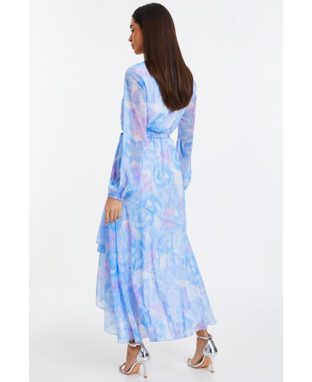 Quiz Chiffon Water Color Long Sleeve Dress in Blue Lyst