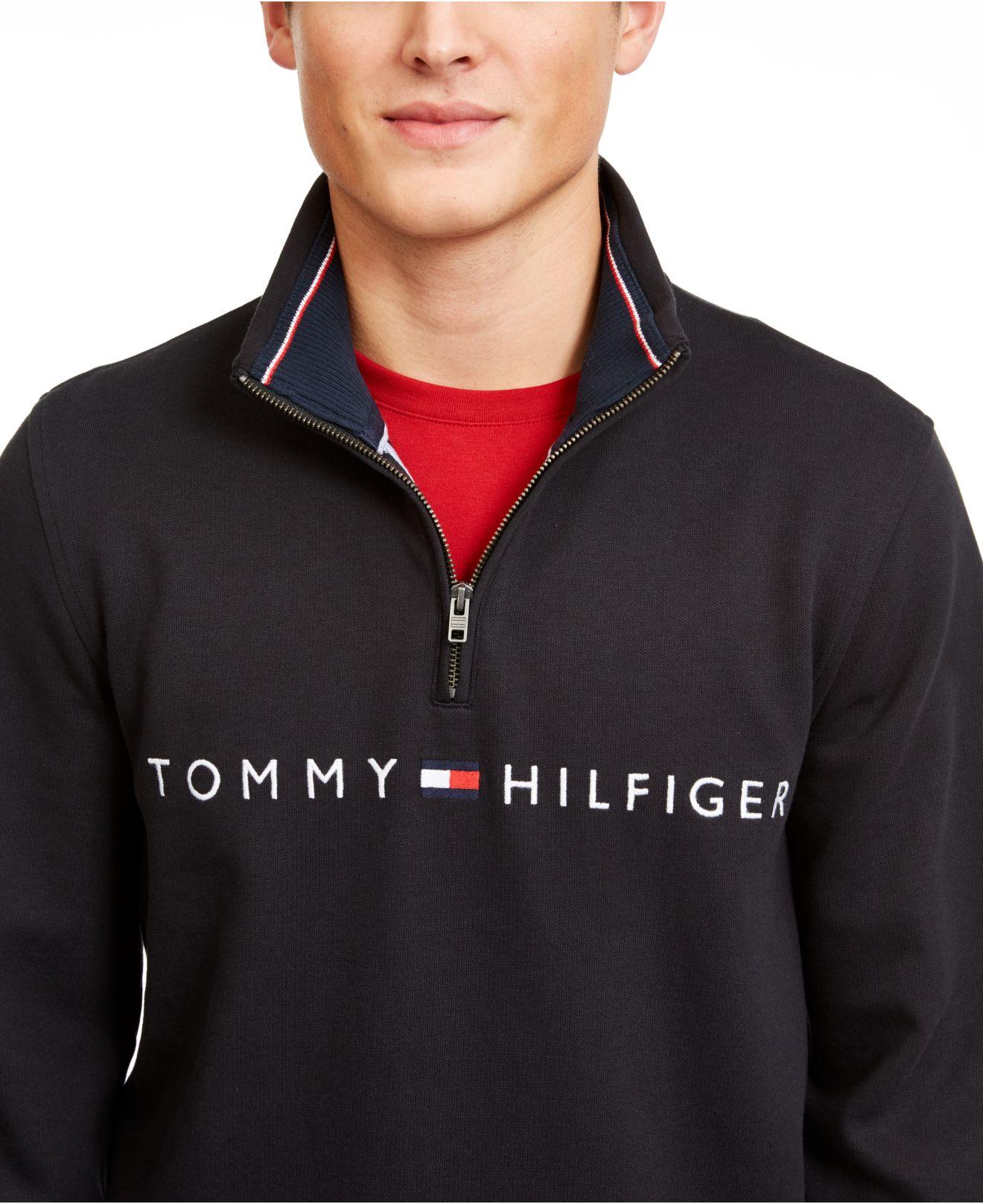 Tommy Hilfiger Cotton Logo French Rib Quarter-zip Pullover in Black for ...