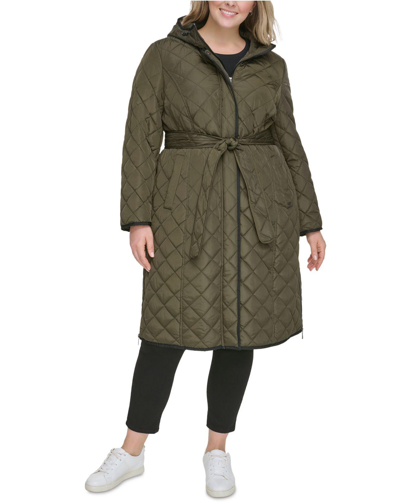 DKNY Plus Size Hooded Belted Quilted Coat in Green | Lyst