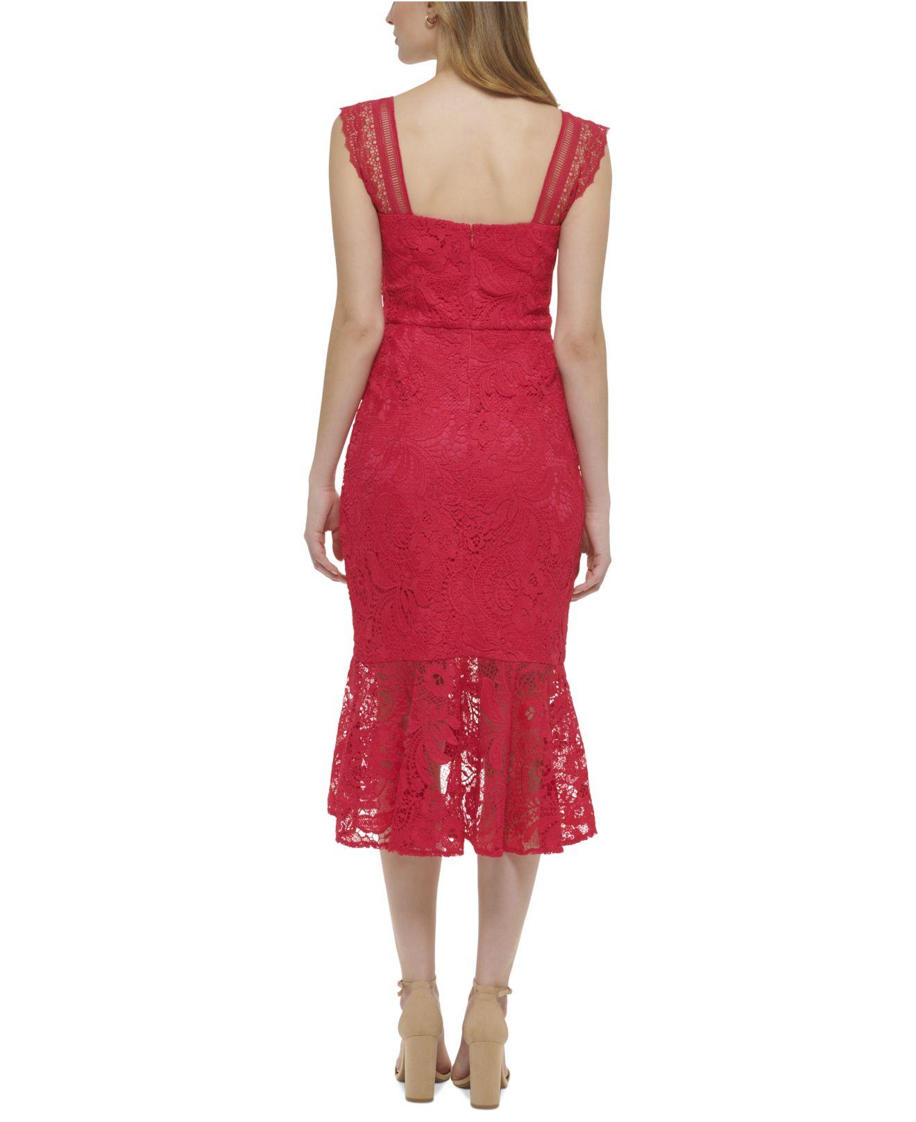 Guess Lace Sweetheart-neck High-low Midi Dress in Red | Lyst