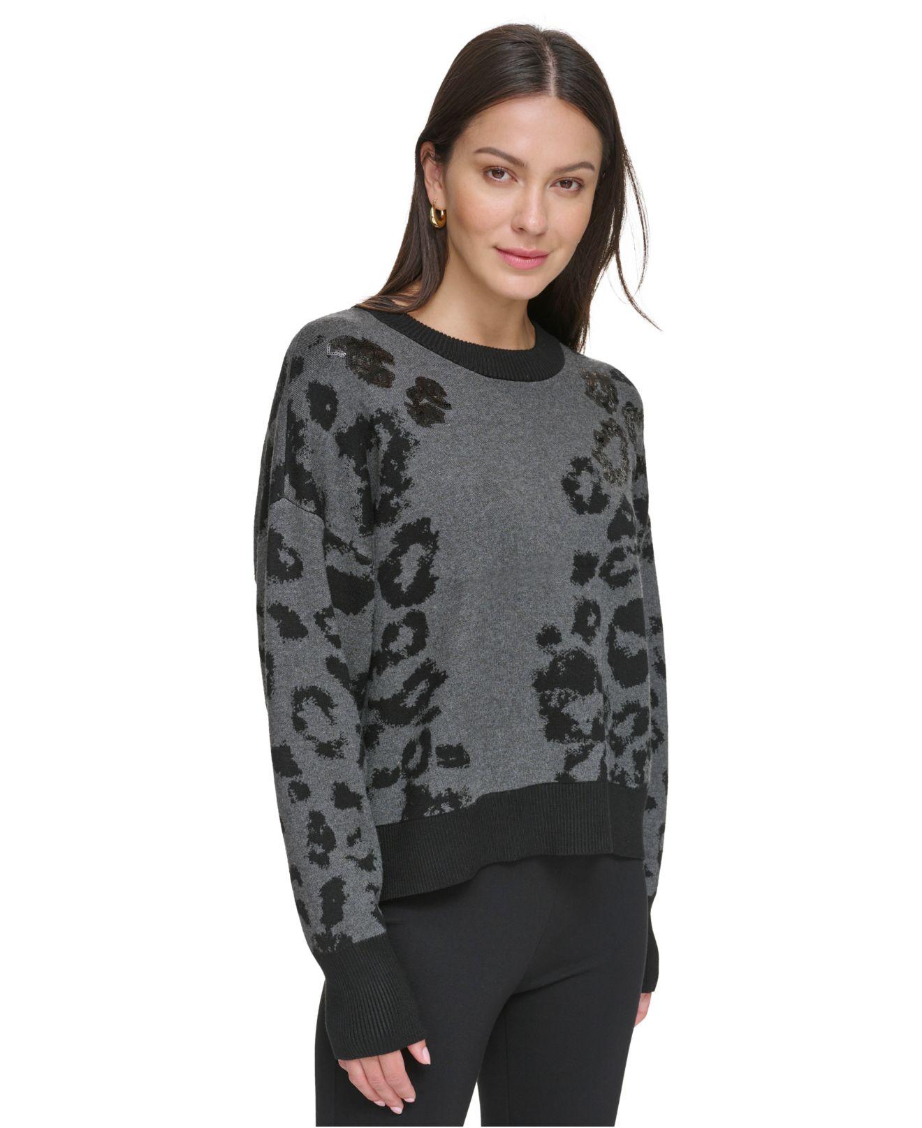 DKNY Animal Print Crewneck Sequin Sweater in Black | Lyst