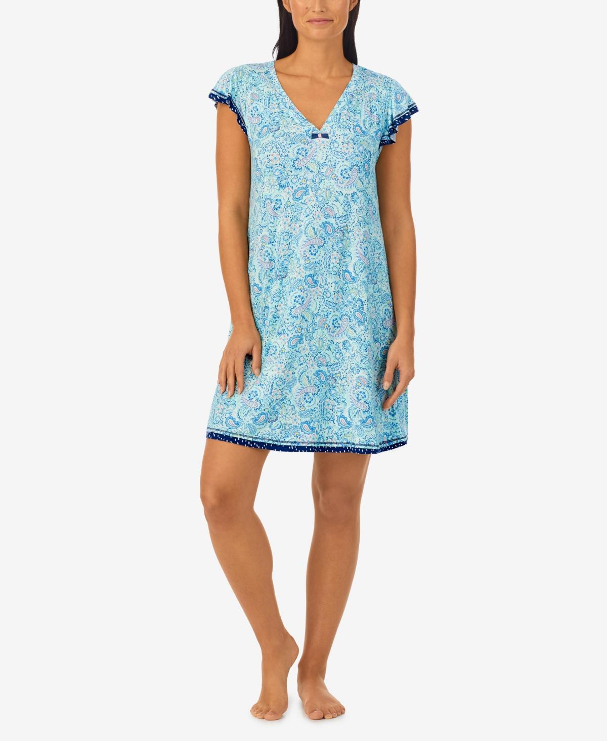 Ellen Tracy Ruffle Sleeve V neck Nightgown in Blue Lyst