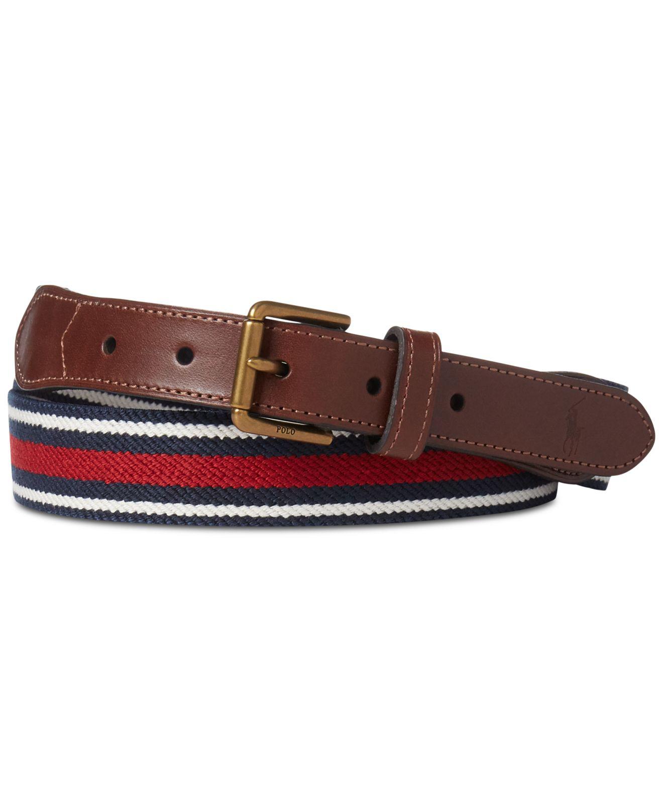 Polo Ralph Lauren Leather Striped Stretch Twill Belt in Navy/Cream/Red ...