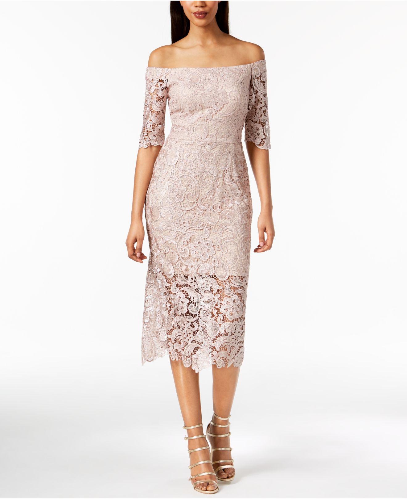 xscape off the shoulder lace gown