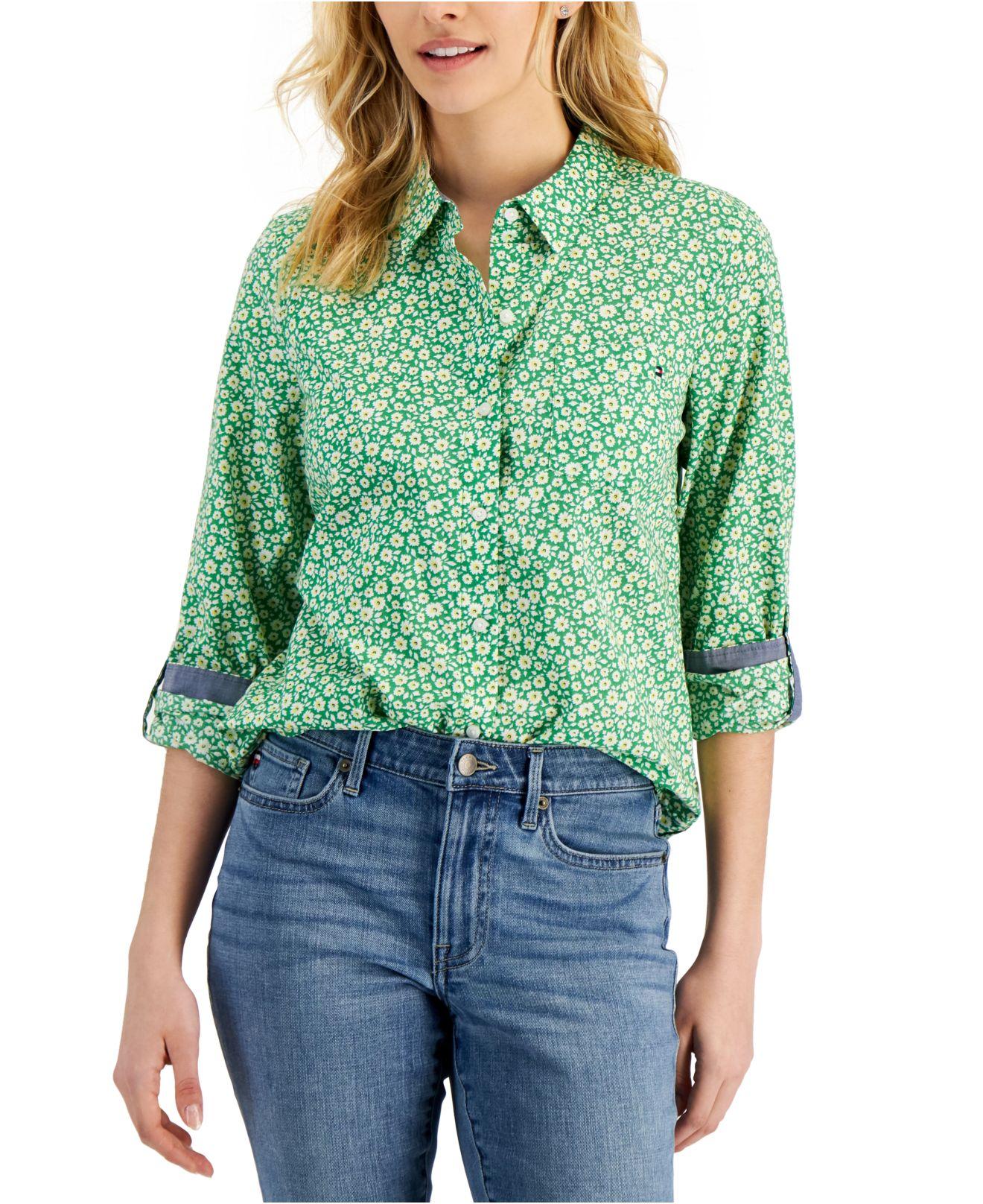 Tommy Hilfiger Printed Long Sleeve Roll-tab Top in Green | Lyst